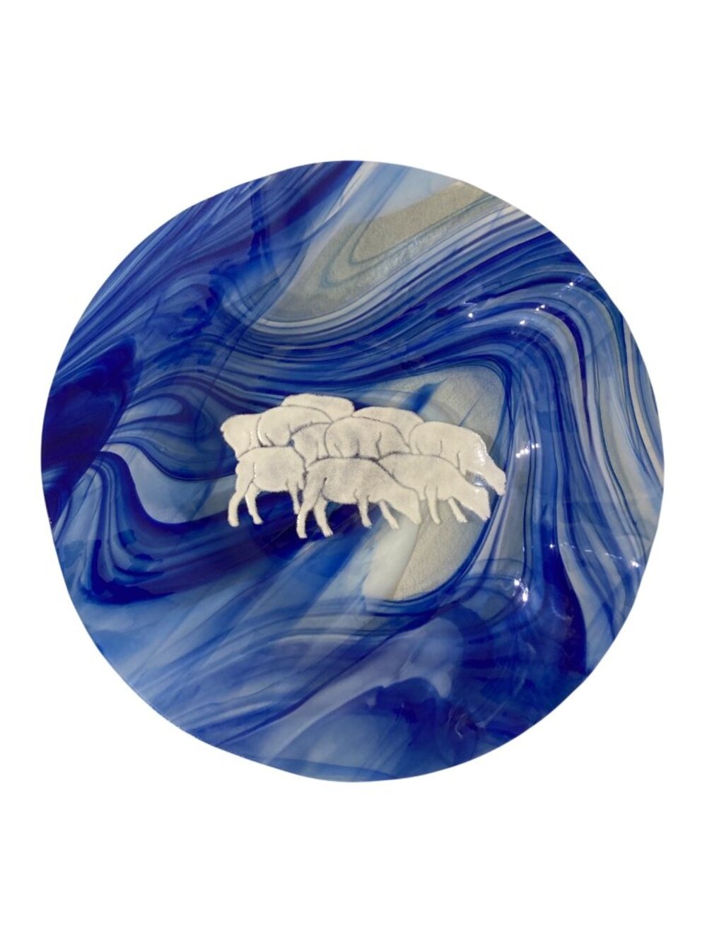 Large Blue And White Swirled Fused Glass Sheep Lamb Flock Plate Bowl 13"